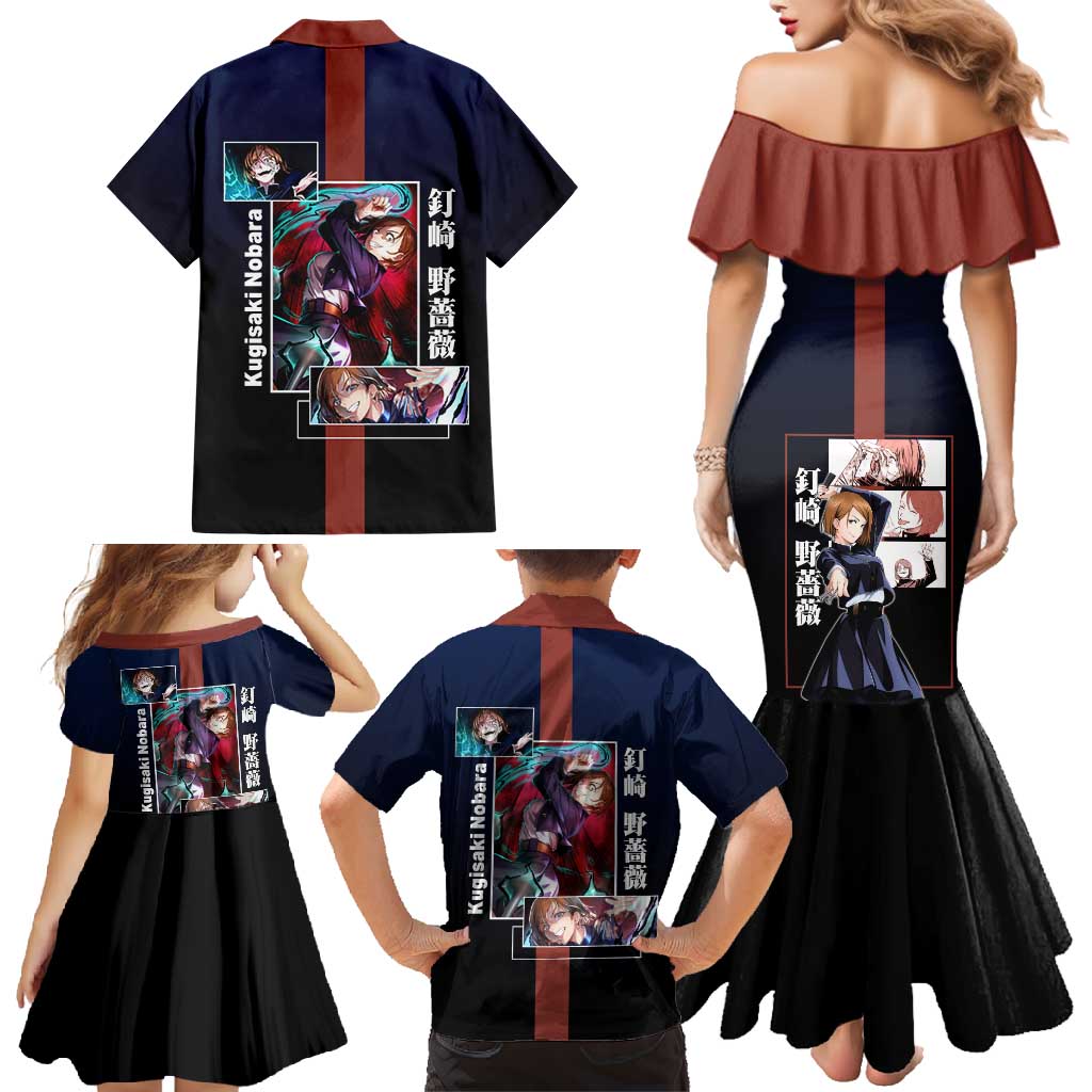 Nobara Kugisaki from Jujutsu Kaisen Family Matching Mermaid Dress and Hawaiian Shirt with Dark Blue and Red Background and Multiple Poses Design - The Mazicc