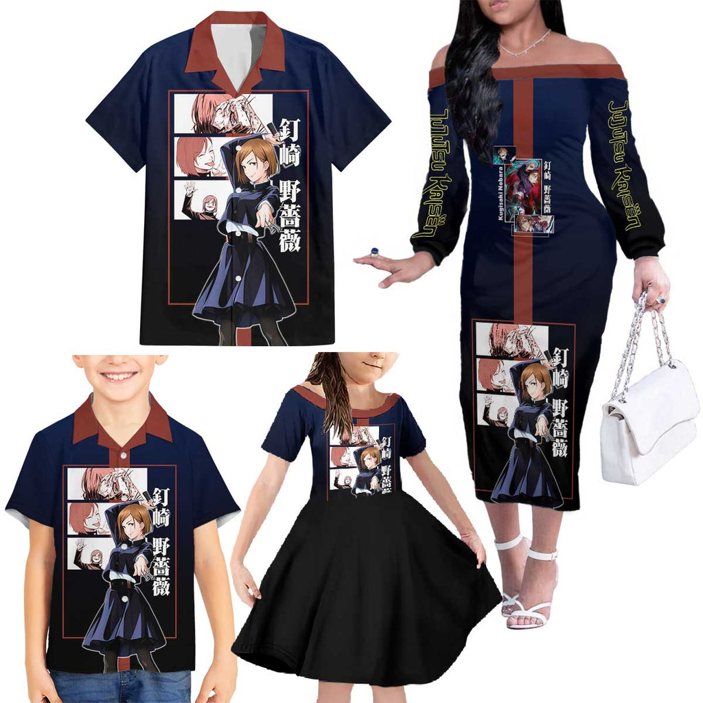 Nobara Kugisaki from Jujutsu Kaisen Family Matching Off The Shoulder Long Sleeve Dress and Hawaiian Shirt with Dark Blue and Red Background and Multiple Poses Design - The Mazicc