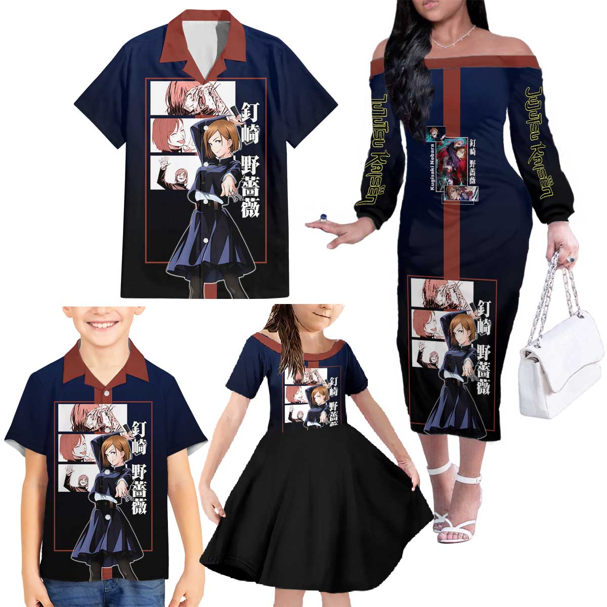 Nobara Kugisaki from Jujutsu Kaisen Family Matching Off The Shoulder Long Sleeve Dress and Hawaiian Shirt with Dark Blue and Red Background and Multiple Poses Design - The Mazicc