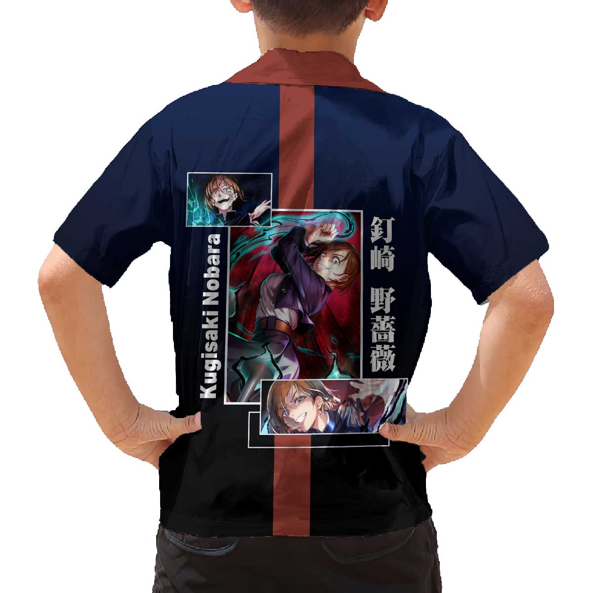 Nobara Kugisaki from Jujutsu Kaisen Family Matching Off The Shoulder Long Sleeve Dress and Hawaiian Shirt with Dark Blue and Red Background and Multiple Poses Design - The Mazicc