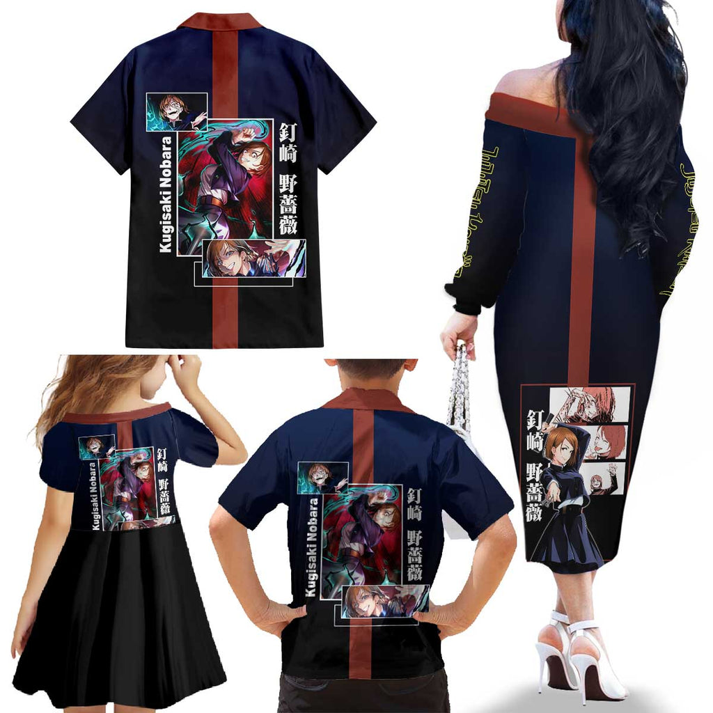 Nobara Kugisaki from Jujutsu Kaisen Family Matching Off The Shoulder Long Sleeve Dress and Hawaiian Shirt with Dark Blue and Red Background and Multiple Poses Design - The Mazicc