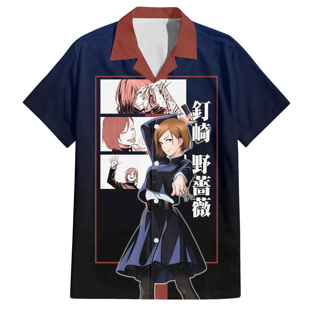 Nobara Kugisaki from Jujutsu Kaisen Family Matching Off The Shoulder Long Sleeve Dress and Hawaiian Shirt with Dark Blue and Red Background and Multiple Poses Design - The Mazicc