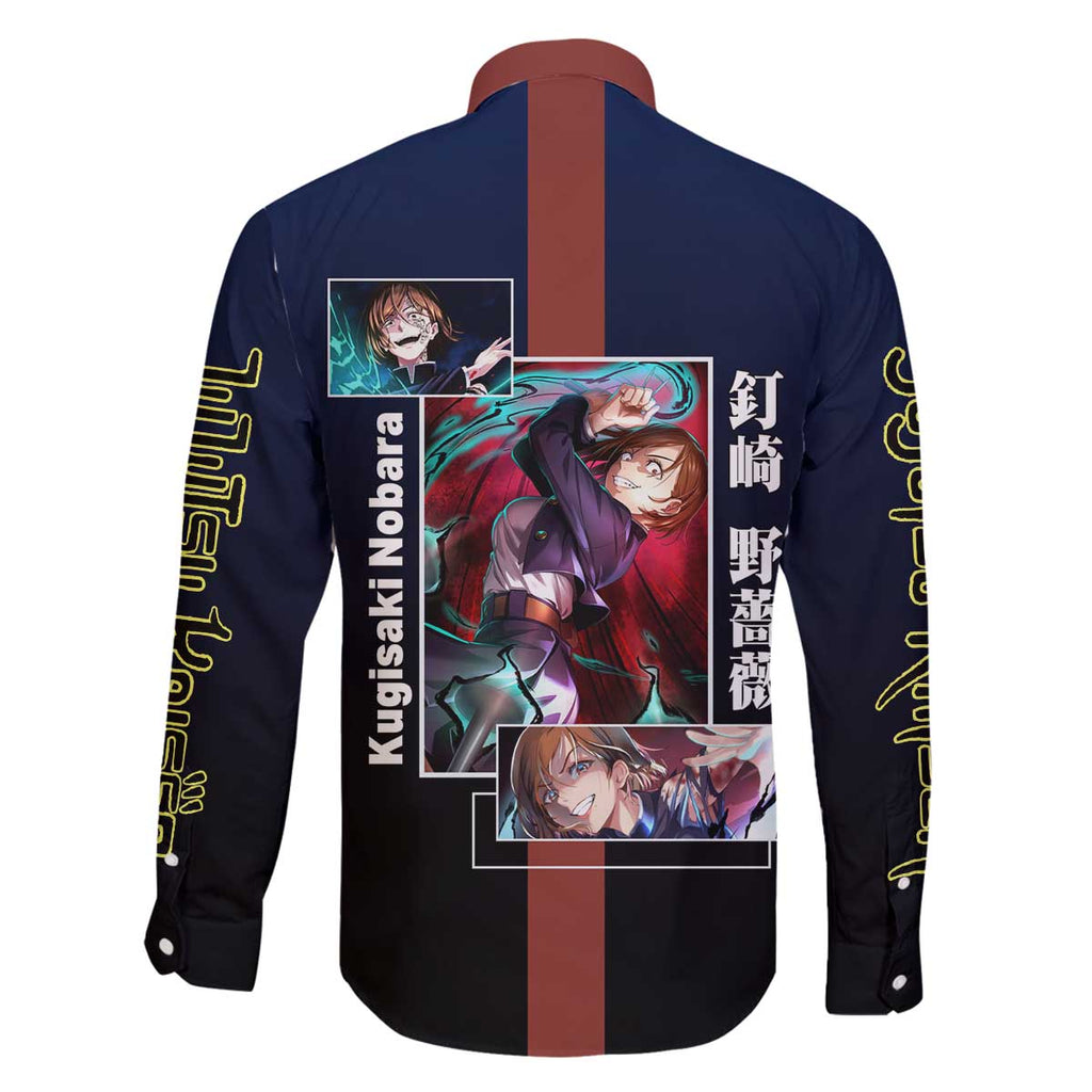 Nobara Kugisaki from Jujutsu Kaisen Family Matching Off The Shoulder Long Sleeve Dress and Hawaiian Shirt with Dark Blue and Red Background and Multiple Poses Design - The Mazicc