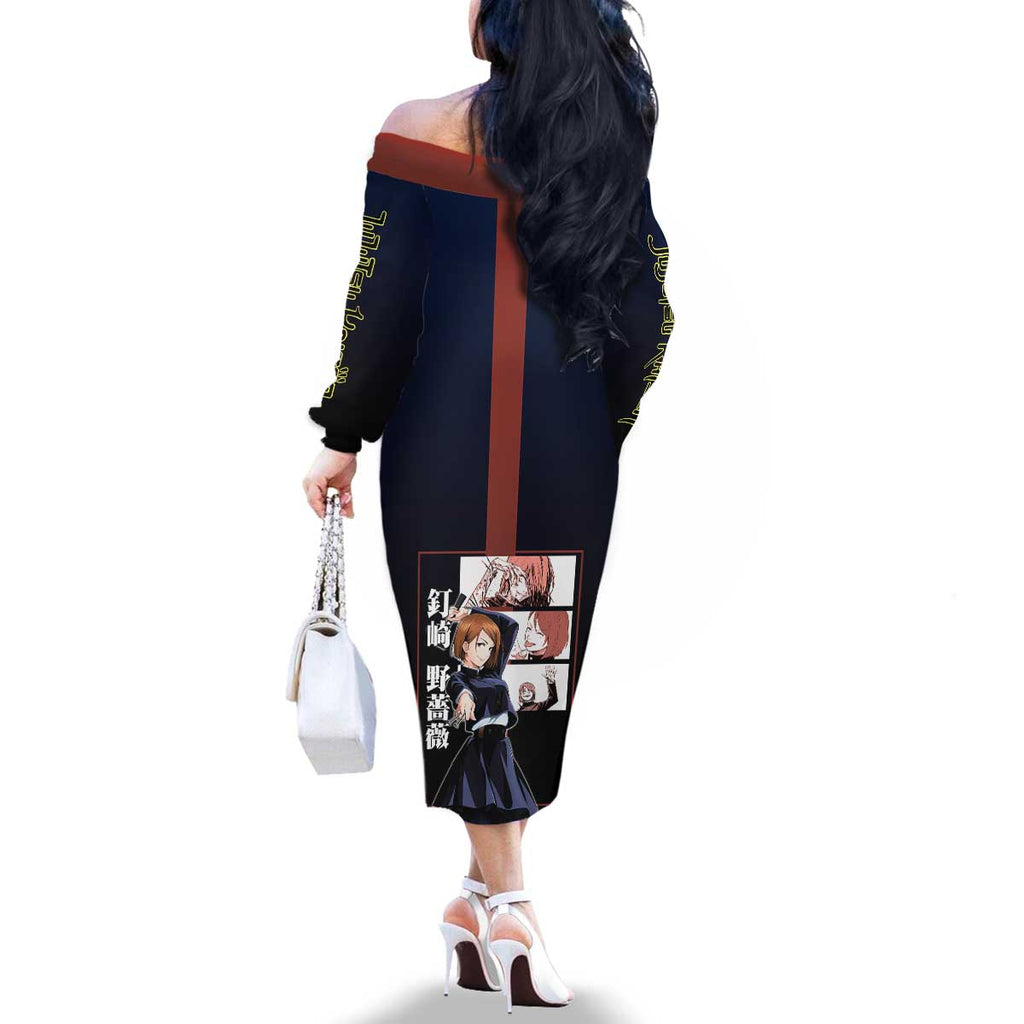 Nobara Kugisaki from Jujutsu Kaisen Family Matching Off The Shoulder Long Sleeve Dress and Hawaiian Shirt with Dark Blue and Red Background and Multiple Poses Design - The Mazicc