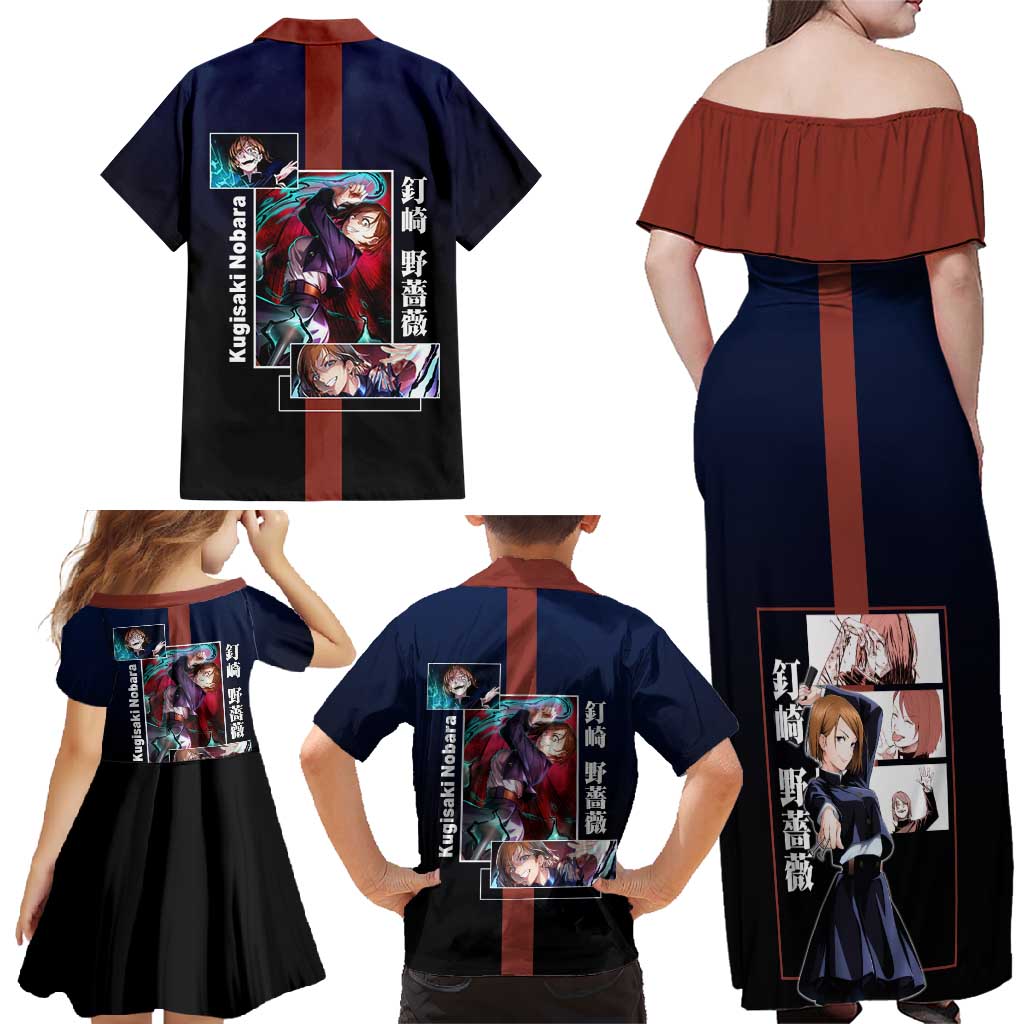 Nobara Kugisaki from Jujutsu Kaisen Family Matching Off Shoulder Maxi Dress and Hawaiian Shirt with Dark Blue and Red Background and Multiple Poses Design - The Mazicc
