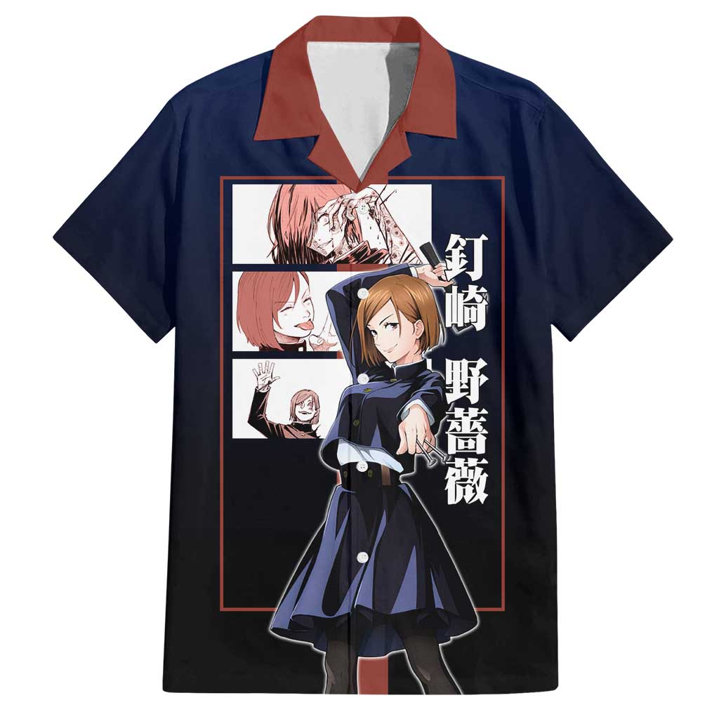 Nobara Kugisaki from Jujutsu Kaisen Family Matching Off Shoulder Maxi Dress and Hawaiian Shirt with Dark Blue and Red Background and Multiple Poses Design - The Mazicc