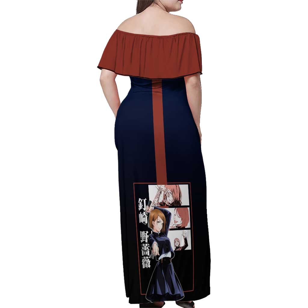 Nobara Kugisaki from Jujutsu Kaisen Family Matching Off Shoulder Maxi Dress and Hawaiian Shirt with Dark Blue and Red Background and Multiple Poses Design - The Mazicc