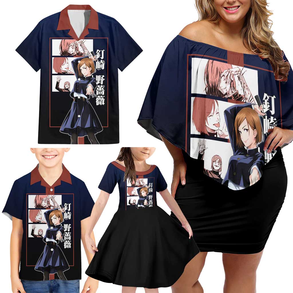 Nobara Kugisaki from Jujutsu Kaisen Family Matching Off Shoulder Short Dress and Hawaiian Shirt with Dark Blue and Red Background and Multiple Poses Design - The Mazicc
