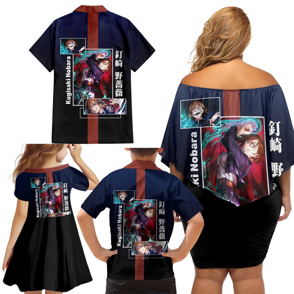 Nobara Kugisaki from Jujutsu Kaisen Family Matching Off Shoulder Short Dress and Hawaiian Shirt with Dark Blue and Red Background and Multiple Poses Design - The Mazicc
