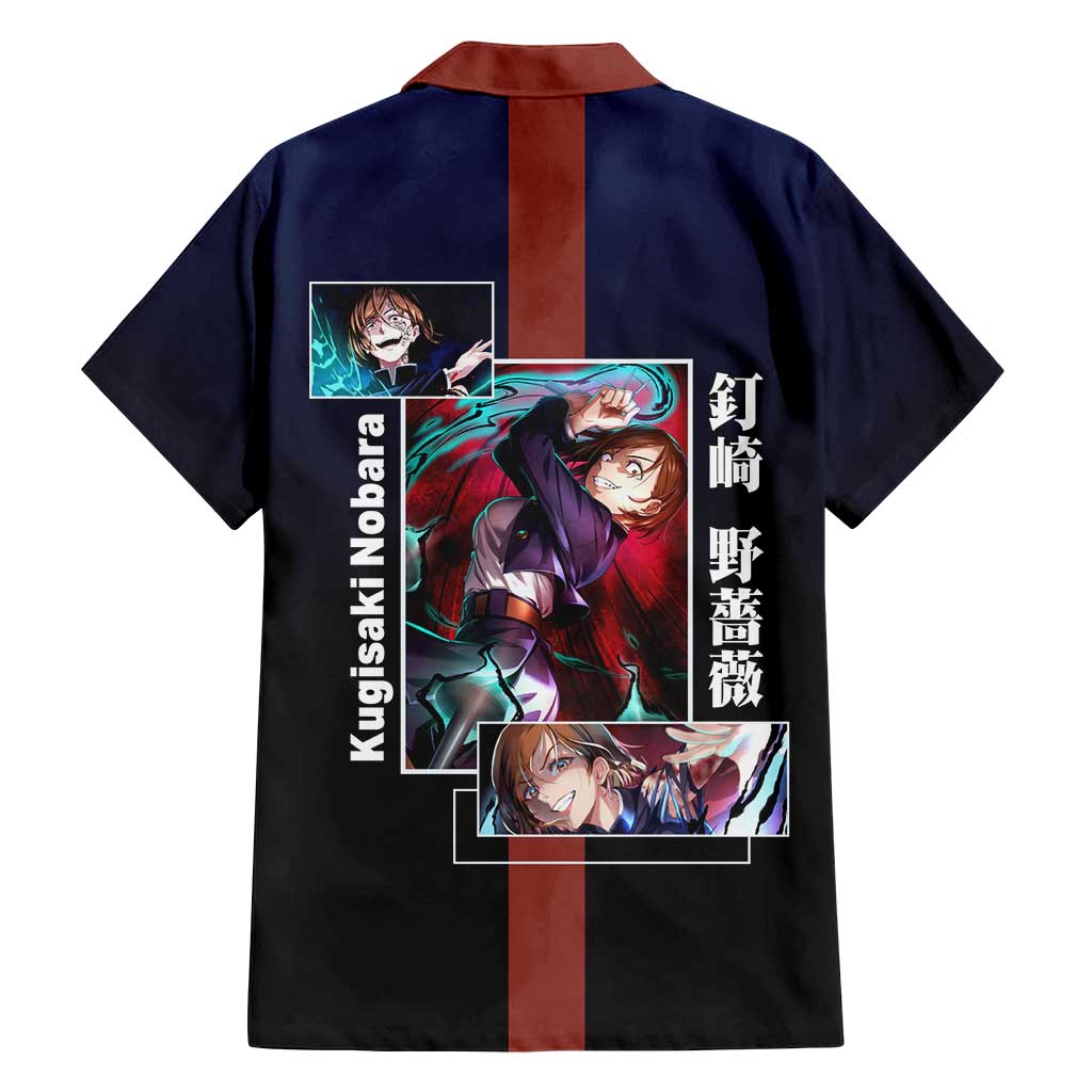 Nobara Kugisaki from Jujutsu Kaisen Family Matching Off Shoulder Short Dress and Hawaiian Shirt with Dark Blue and Red Background and Multiple Poses Design - The Mazicc