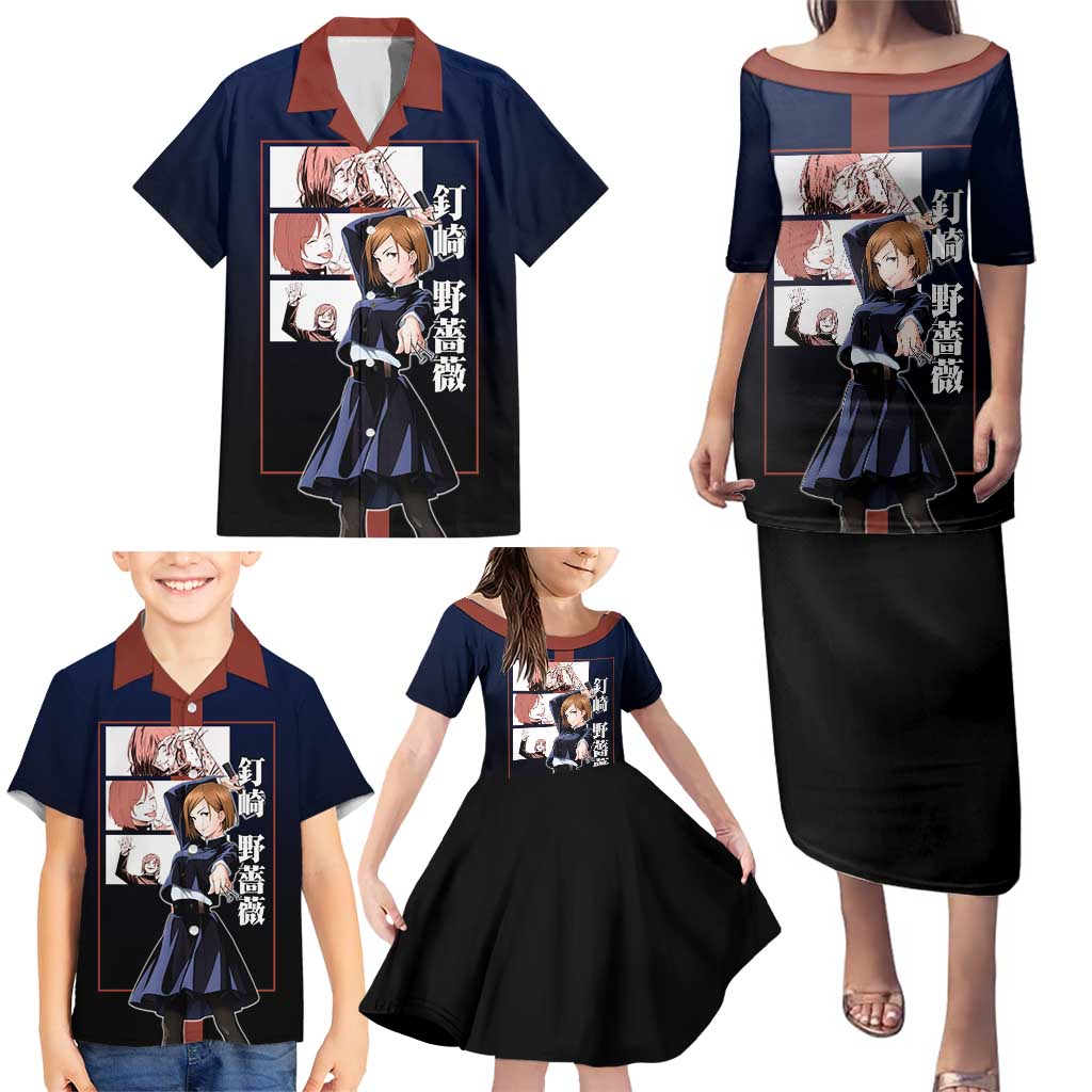 Nobara Kugisaki from Jujutsu Kaisen Family Matching Puletasi and Hawaiian Shirt with Dark Blue and Red Background and Multiple Poses Design - The Mazicc