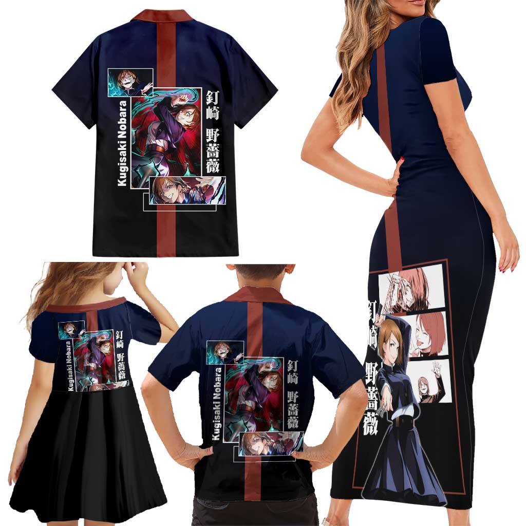 Nobara Kugisaki from Jujutsu Kaisen Family Matching Short Sleeve Bodycon Dress and Hawaiian Shirt with Dark Blue and Red Background and Multiple Poses Design - The Mazicc