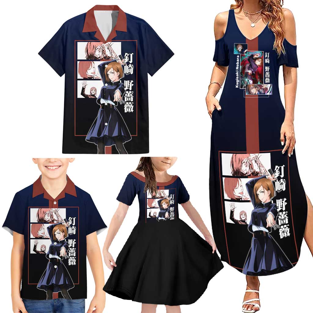 Nobara Kugisaki from Jujutsu Kaisen Family Matching Summer Maxi Dress and Hawaiian Shirt with Dark Blue and Red Background and Multiple Poses Design - The Mazicc