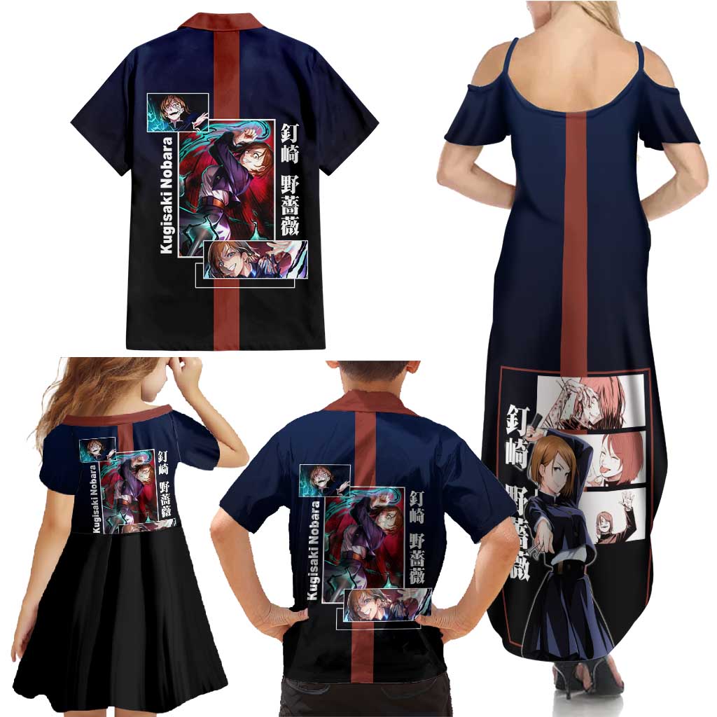 Nobara Kugisaki from Jujutsu Kaisen Family Matching Summer Maxi Dress and Hawaiian Shirt with Dark Blue and Red Background and Multiple Poses Design - The Mazicc