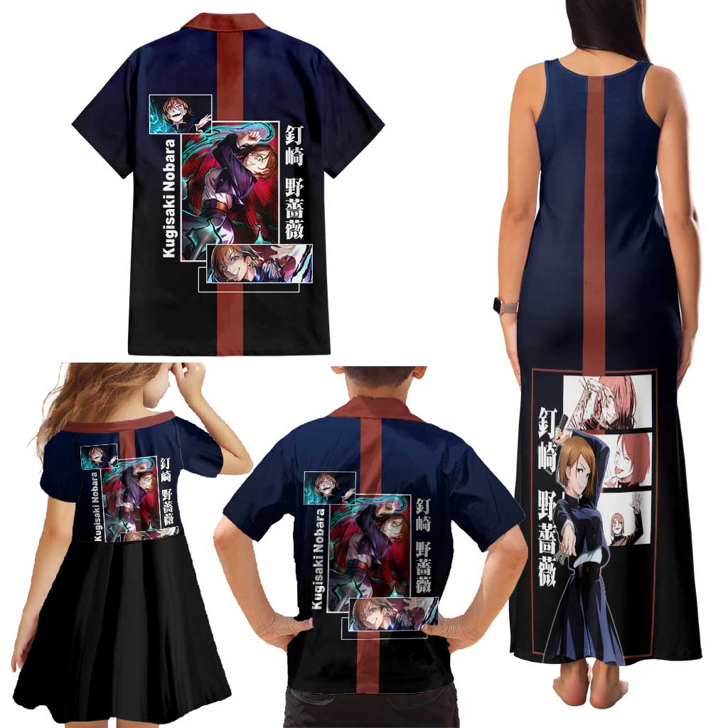 Nobara Kugisaki from Jujutsu Kaisen Family Matching Tank Maxi Dress and Hawaiian Shirt with Dark Blue and Red Background and Multiple Poses Design - The Mazicc