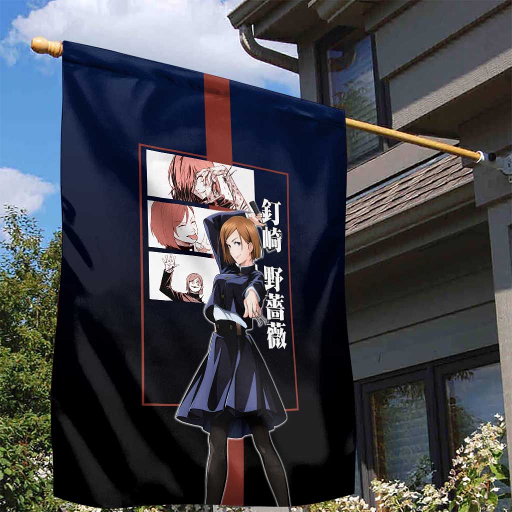 Nobara Kugisaki from Jujutsu Kaisen Garden Flag with Dark Blue and Red Background and Multiple Poses Design - The Mazicc