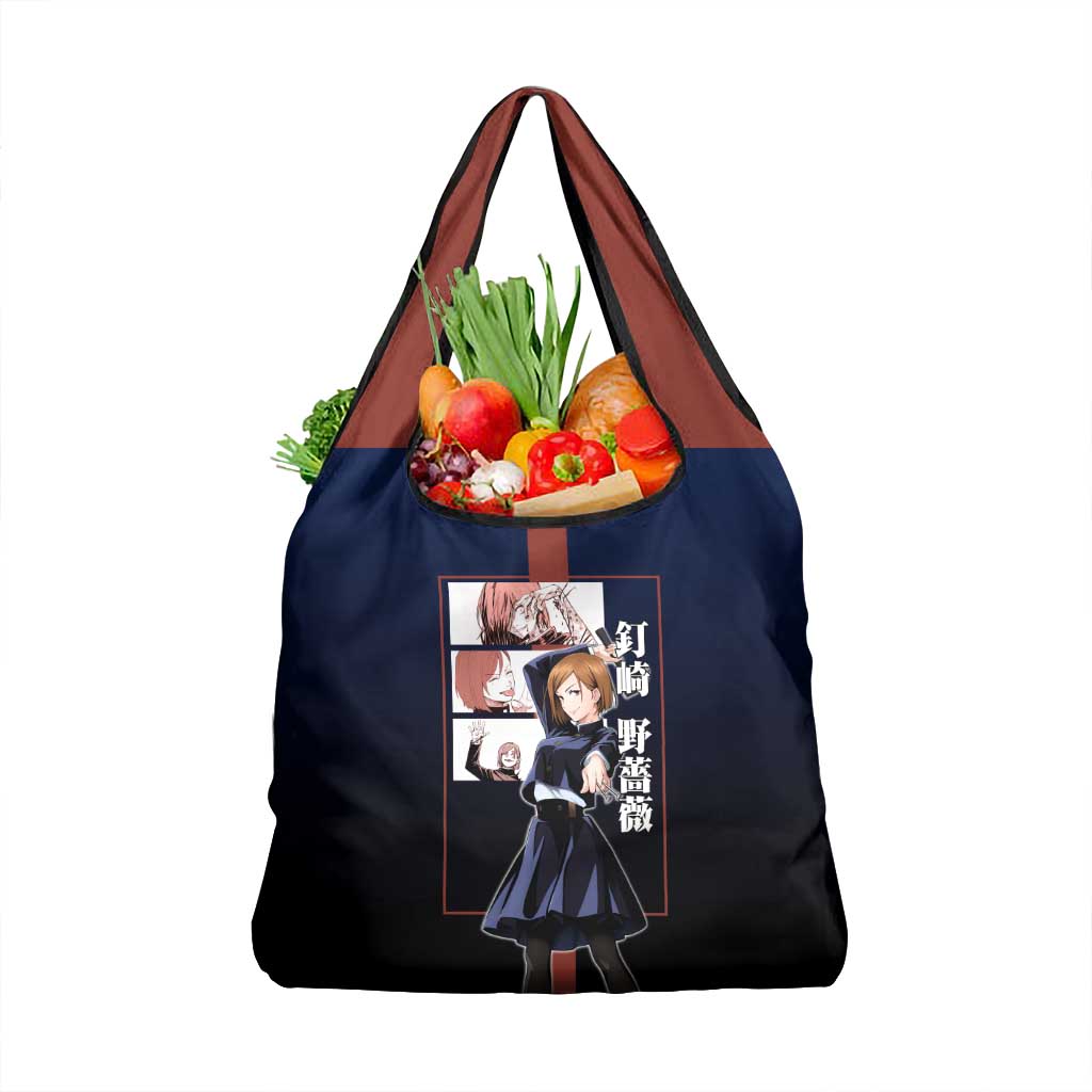 Nobara Kugisaki from Jujutsu Kaisen Grocery Bag with Dark Blue and Red Background and Multiple Poses Design - The Mazicc