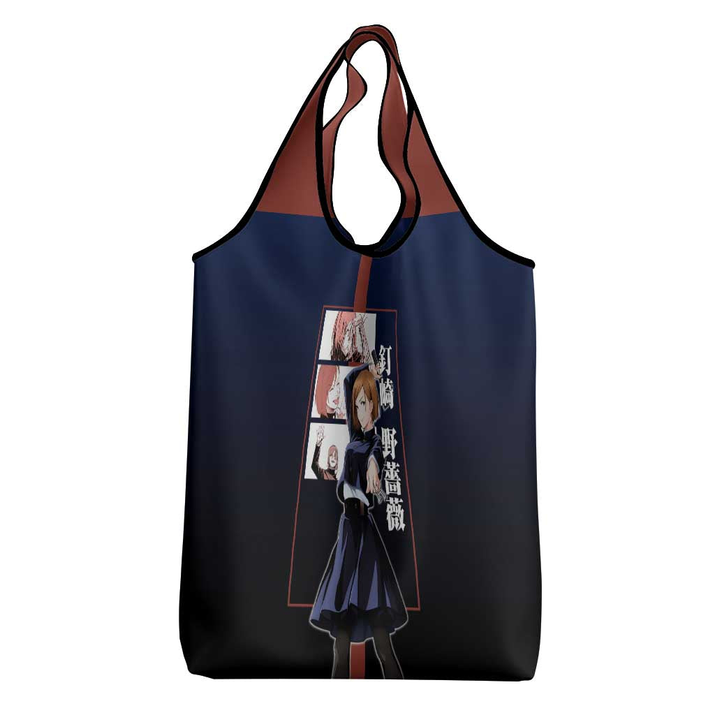 Nobara Kugisaki from Jujutsu Kaisen Grocery Bag with Dark Blue and Red Background and Multiple Poses Design - The Mazicc
