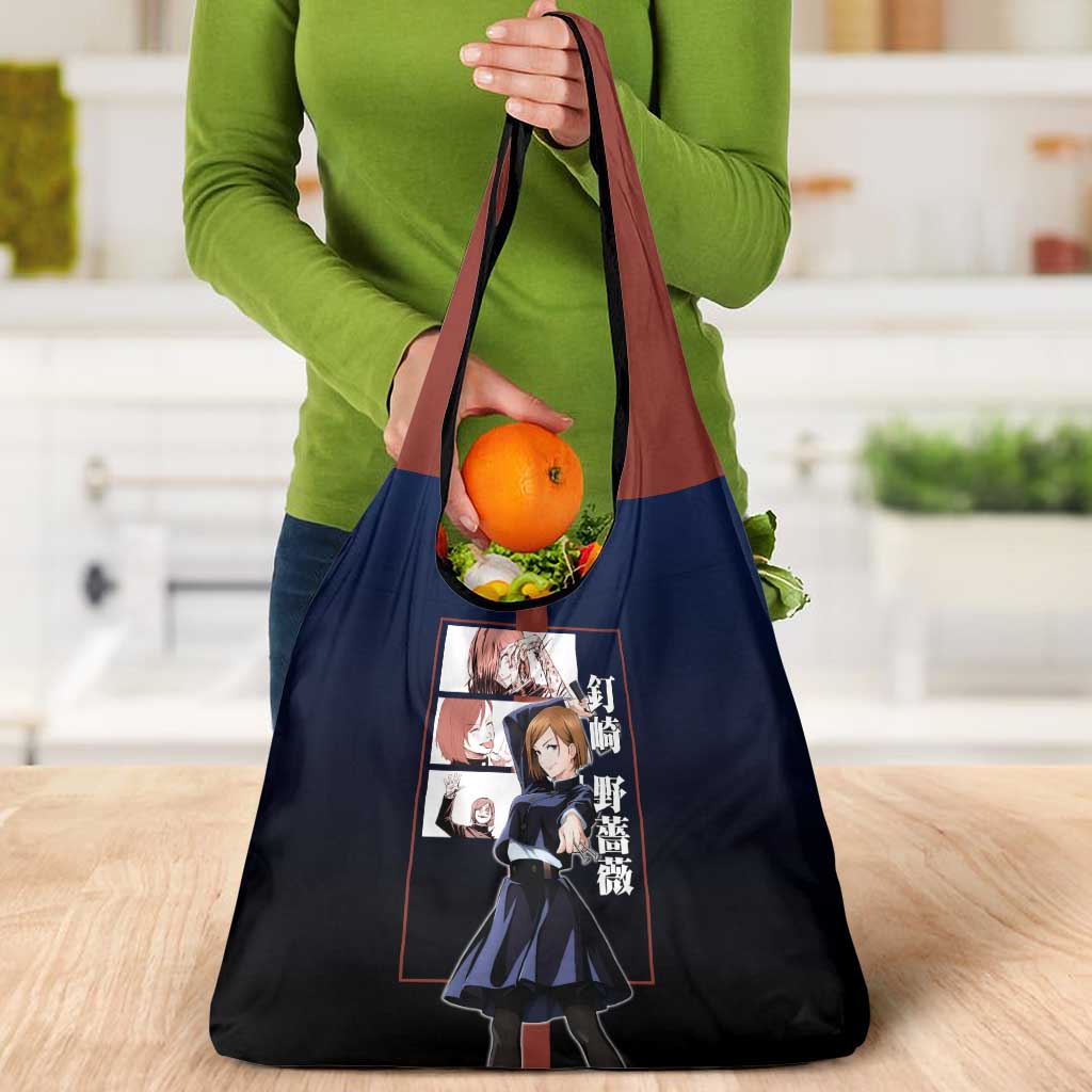 Nobara Kugisaki from Jujutsu Kaisen Grocery Bag with Dark Blue and Red Background and Multiple Poses Design - The Mazicc