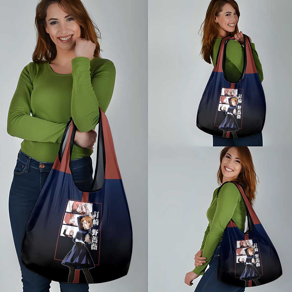 Nobara Kugisaki from Jujutsu Kaisen Grocery Bag with Dark Blue and Red Background and Multiple Poses Design - The Mazicc