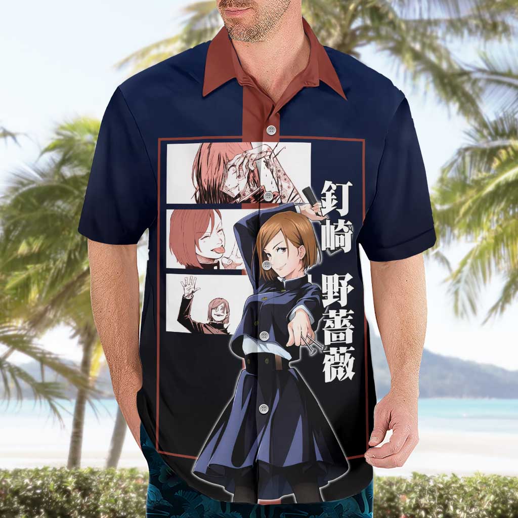Nobara Kugisaki from Jujutsu Kaisen Hawaiian Shirt with Dark Blue and Red Background and Multiple Poses Design - The Mazicc