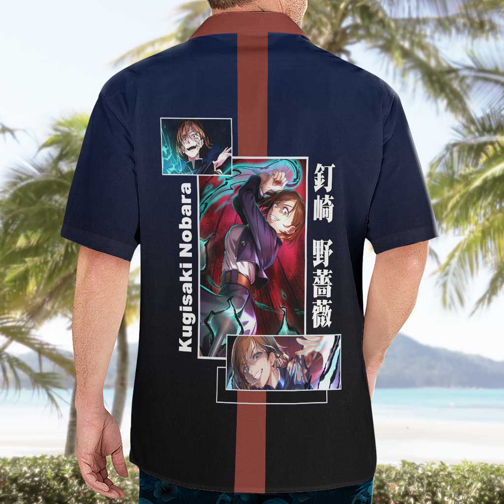 Nobara Kugisaki from Jujutsu Kaisen Hawaiian Shirt with Dark Blue and Red Background and Multiple Poses Design - The Mazicc
