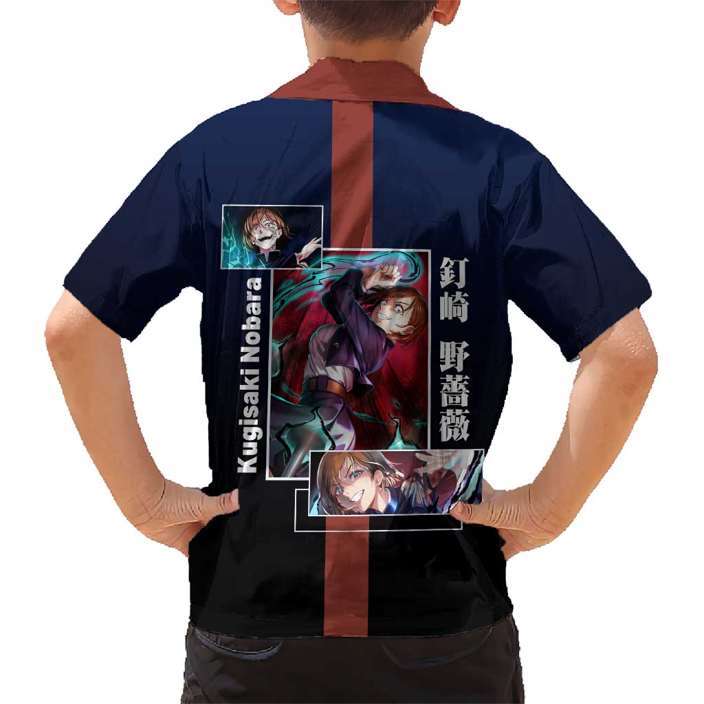 Nobara Kugisaki from Jujutsu Kaisen Hawaiian Shirt with Dark Blue and Red Background and Multiple Poses Design - The Mazicc
