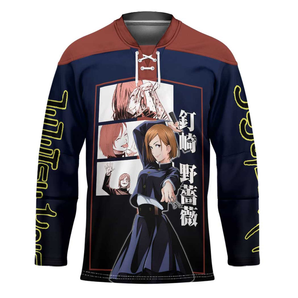 Nobara Kugisaki from Jujutsu Kaisen Hockey Jersey with Dark Blue and Red Background and Multiple Poses Design - The Mazicc