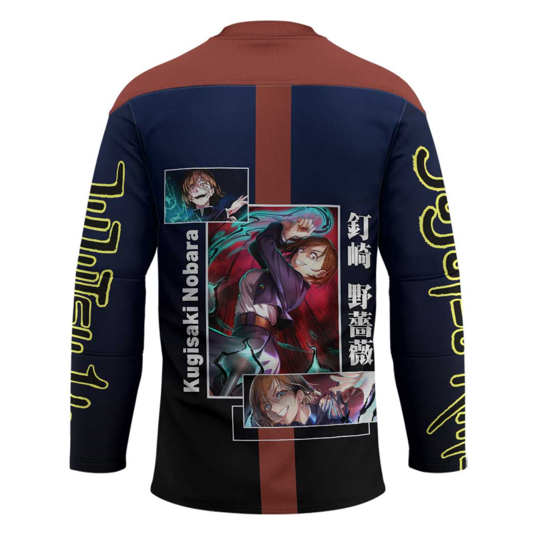 Nobara Kugisaki from Jujutsu Kaisen Hockey Jersey with Dark Blue and Red Background and Multiple Poses Design - The Mazicc