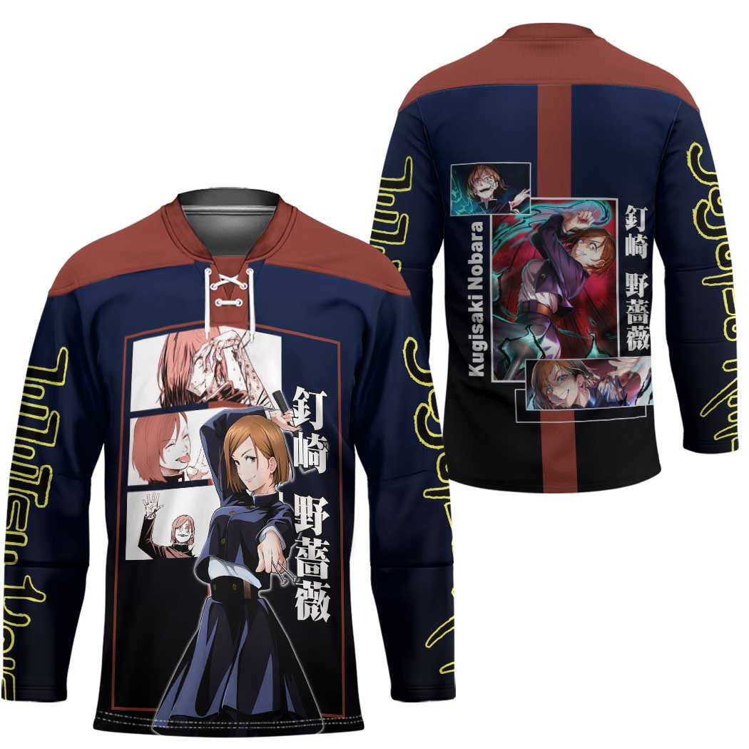 Nobara Kugisaki from Jujutsu Kaisen Hockey Jersey with Dark Blue and Red Background and Multiple Poses Design - The Mazicc