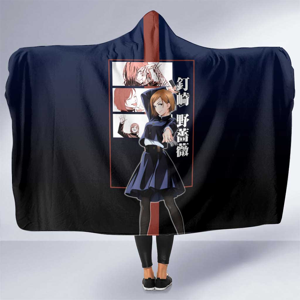 Nobara Kugisaki from Jujutsu Kaisen Hooded Blanket with Dark Blue and Red Background and Multiple Poses Design - The Mazicc
