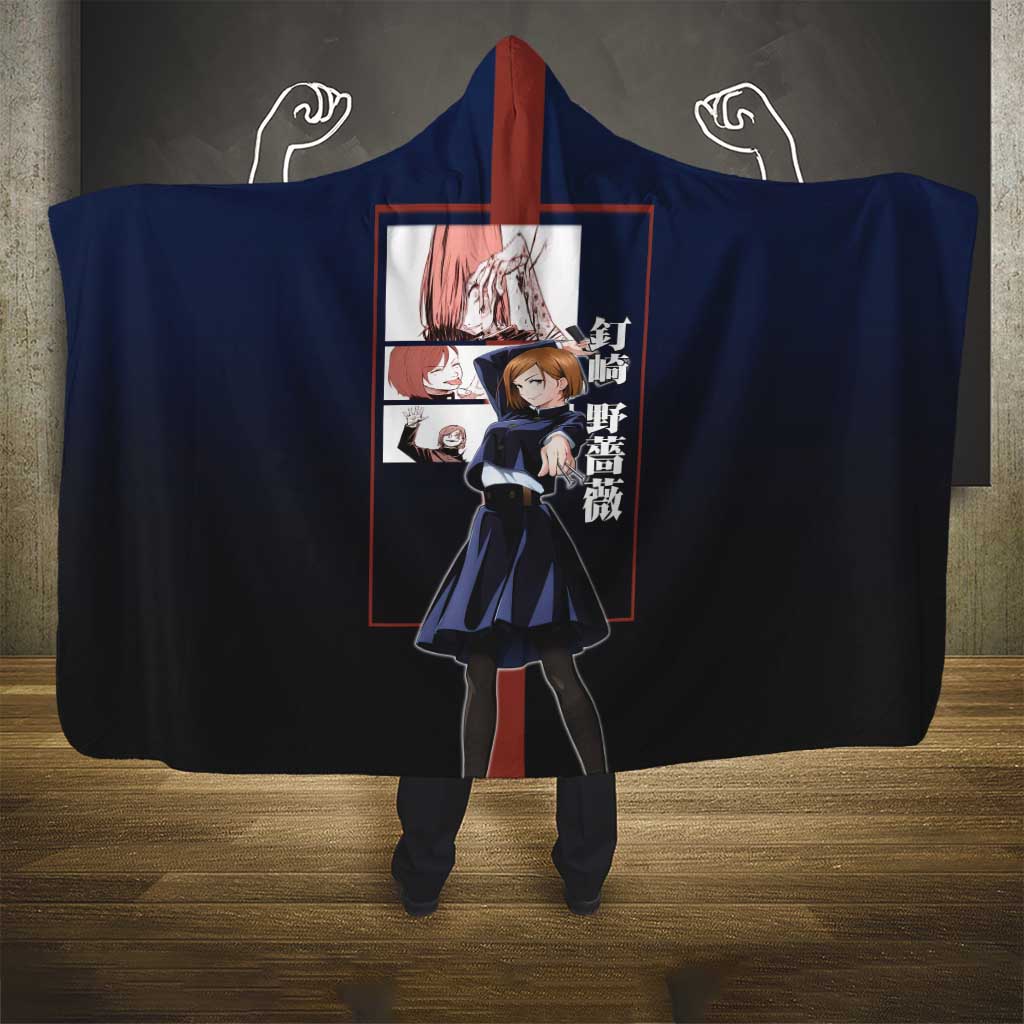 Nobara Kugisaki from Jujutsu Kaisen Hooded Blanket with Dark Blue and Red Background and Multiple Poses Design - The Mazicc