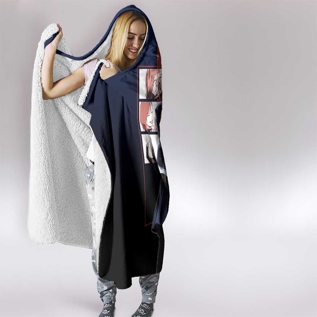Nobara Kugisaki from Jujutsu Kaisen Hooded Blanket with Dark Blue and Red Background and Multiple Poses Design - The Mazicc