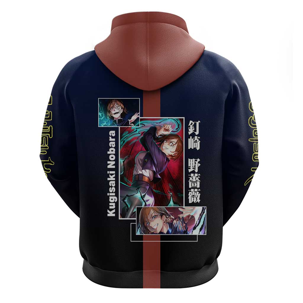 Nobara Kugisaki from Jujutsu Kaisen Hoodie with Dark Blue and Red Background and Multiple Poses Design - The Mazicc
