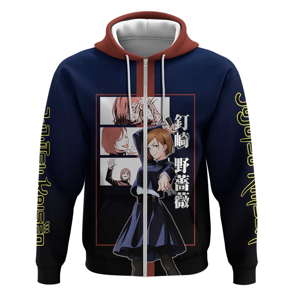 Nobara Kugisaki from Jujutsu Kaisen Hoodie with Dark Blue and Red Background and Multiple Poses Design - The Mazicc