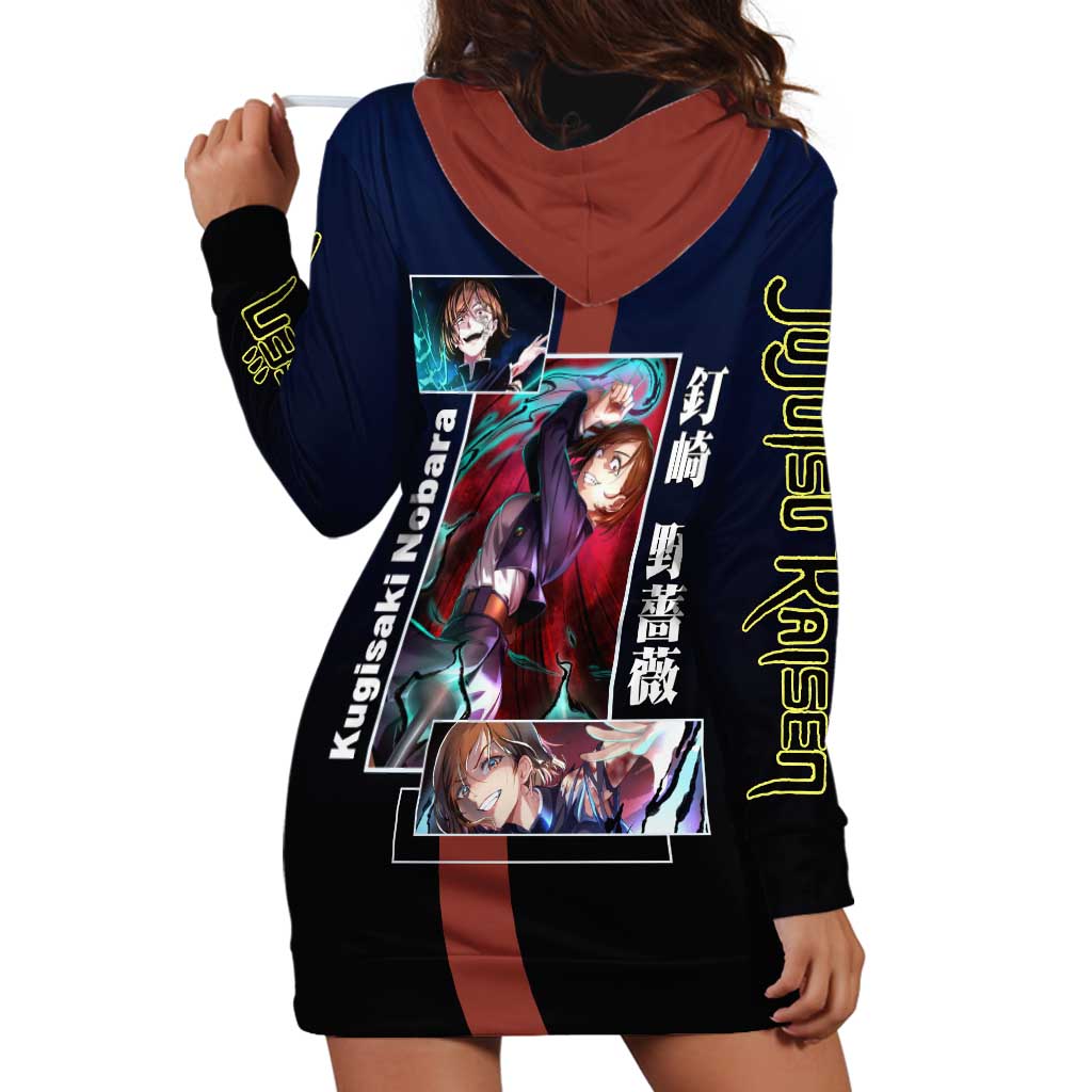 Nobara Kugisaki from Jujutsu Kaisen Hoodie Dress with Dark Blue and Red Background and Multiple Poses Design - The Mazicc
