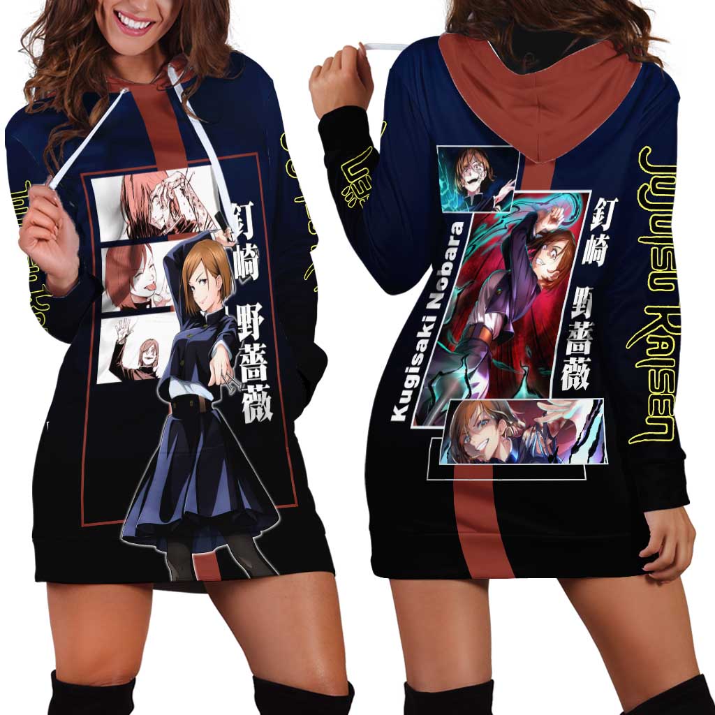 Nobara Kugisaki from Jujutsu Kaisen Hoodie Dress with Dark Blue and Red Background and Multiple Poses Design - The Mazicc