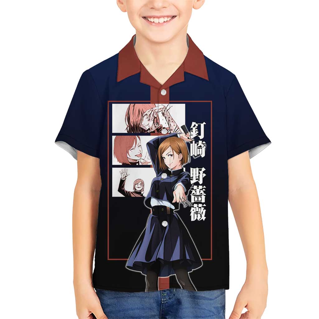 Nobara Kugisaki from Jujutsu Kaisen Kid Hawaiian Shirt with Dark Blue and Red Background and Multiple Poses Design - The Mazicc