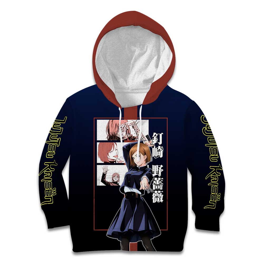 Nobara Kugisaki from Jujutsu Kaisen Kid Hoodie with Dark Blue and Red Background and Multiple Poses Design - The Mazicc