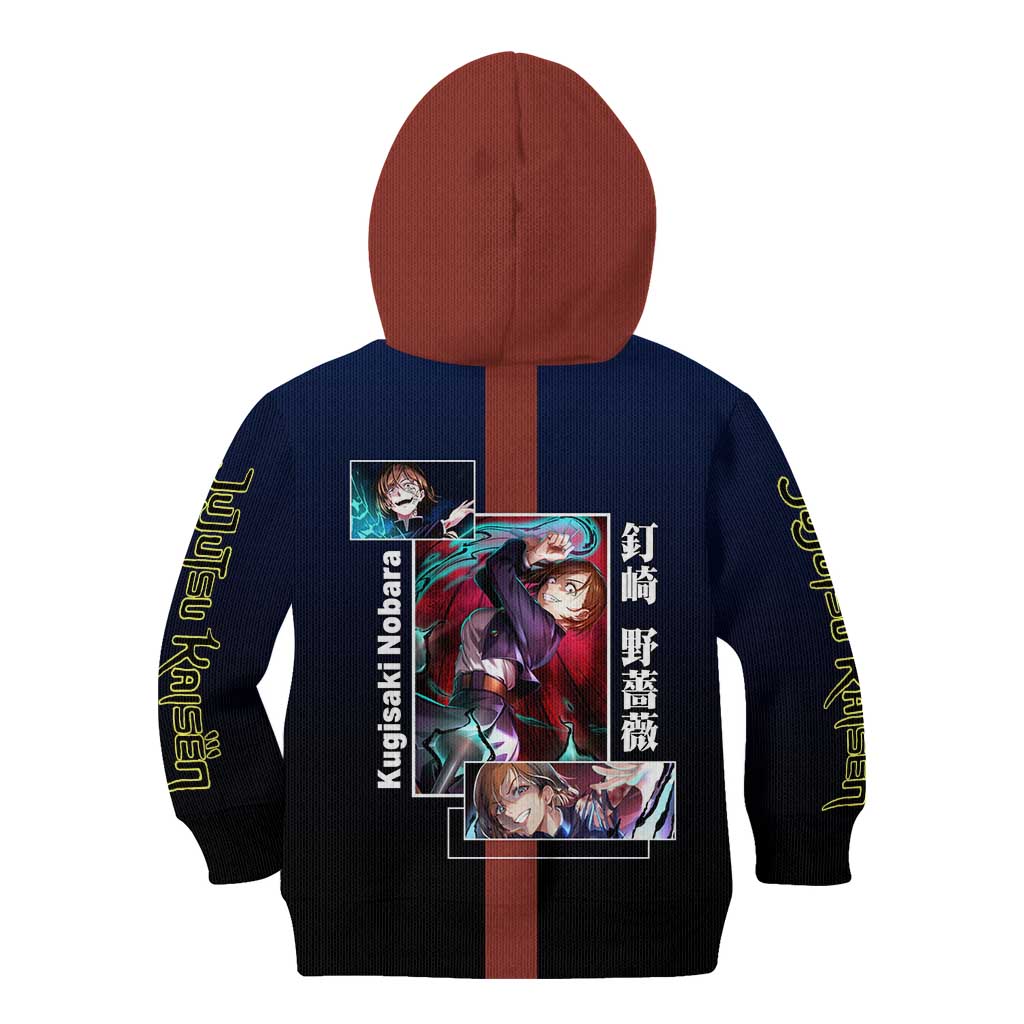 Nobara Kugisaki from Jujutsu Kaisen Kid Hoodie with Dark Blue and Red Background and Multiple Poses Design - The Mazicc