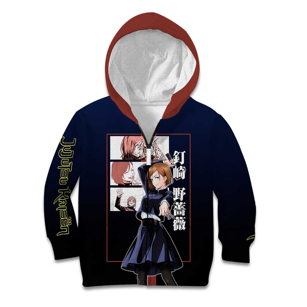 Nobara Kugisaki from Jujutsu Kaisen Kid Hoodie with Dark Blue and Red Background and Multiple Poses Design - The Mazicc