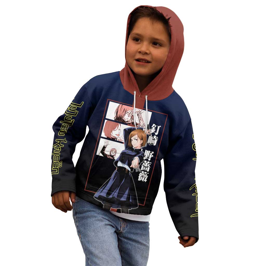 Nobara Kugisaki from Jujutsu Kaisen Kid Hoodie with Dark Blue and Red Background and Multiple Poses Design - The Mazicc
