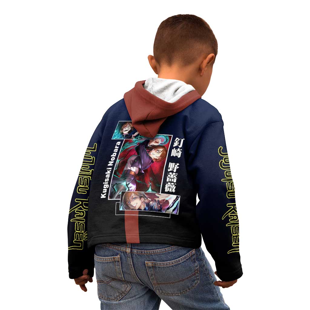 Nobara Kugisaki from Jujutsu Kaisen Kid Hoodie with Dark Blue and Red Background and Multiple Poses Design - The Mazicc