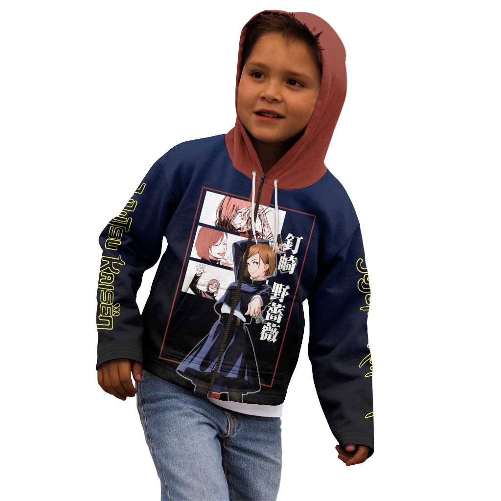 Nobara Kugisaki from Jujutsu Kaisen Kid Hoodie with Dark Blue and Red Background and Multiple Poses Design - The Mazicc