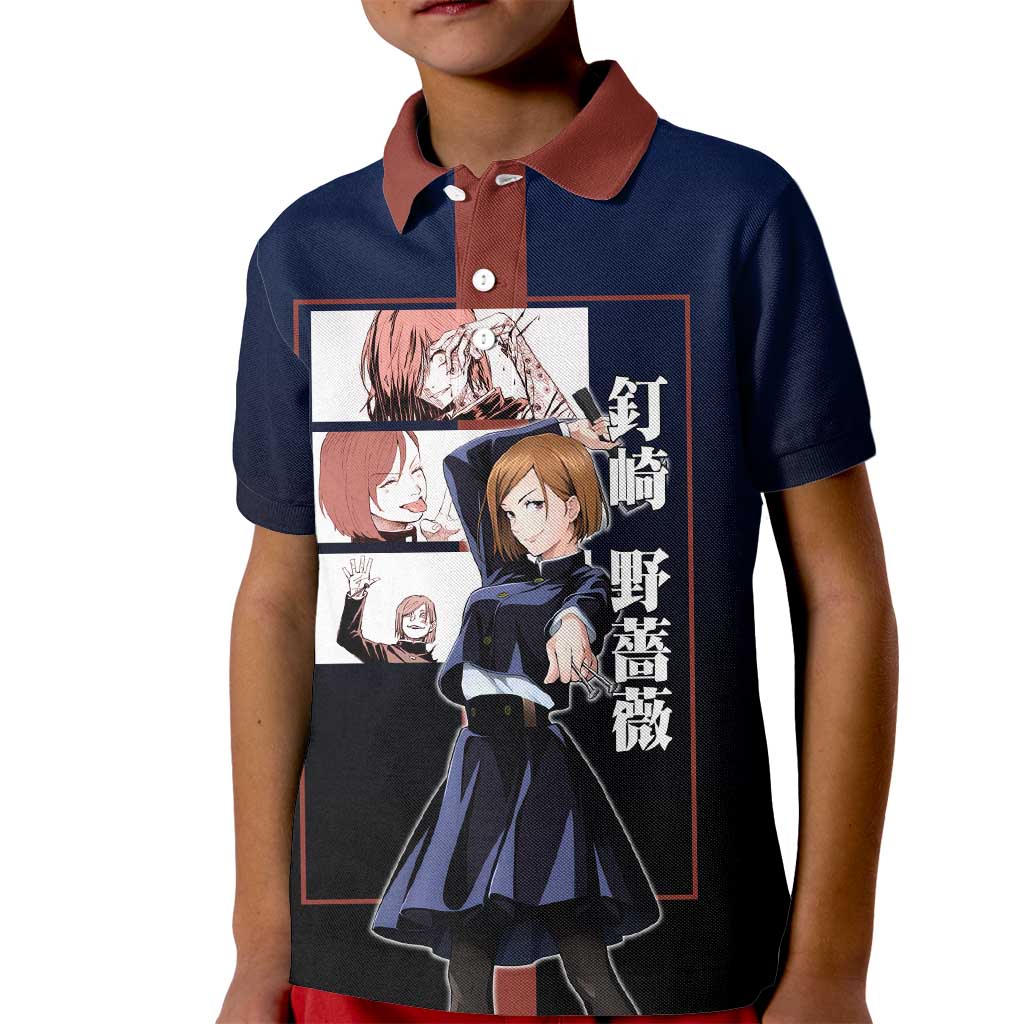 Nobara Kugisaki from Jujutsu Kaisen Kid Polo Shirt with Dark Blue and Red Background and Multiple Poses Design - The Mazicc