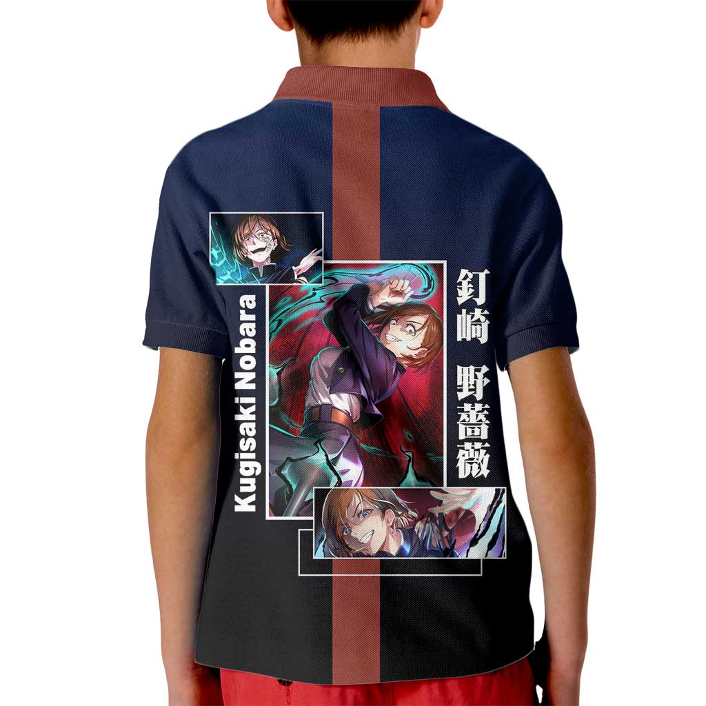 Nobara Kugisaki from Jujutsu Kaisen Kid Polo Shirt with Dark Blue and Red Background and Multiple Poses Design - The Mazicc
