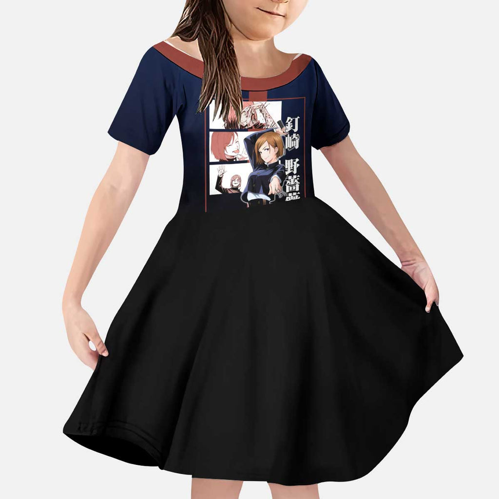 Nobara Kugisaki from Jujutsu Kaisen Kid Short Sleeve Dress with Dark Blue and Red Background and Multiple Poses Design - The Mazicc