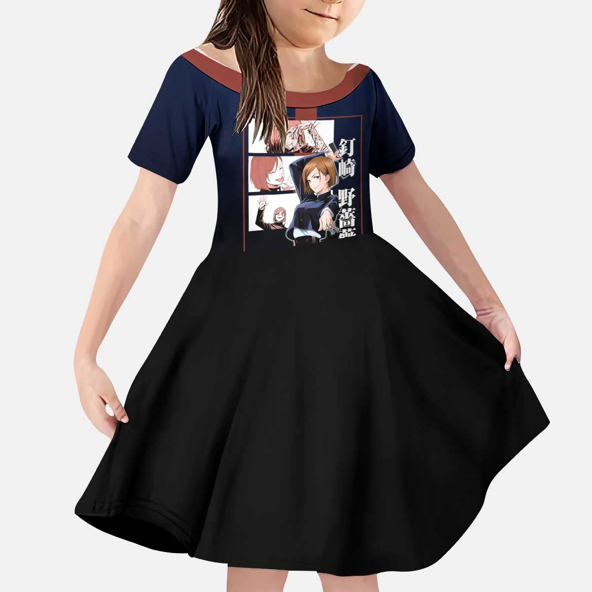 Nobara Kugisaki from Jujutsu Kaisen Kid Short Sleeve Dress with Dark Blue and Red Background and Multiple Poses Design - The Mazicc