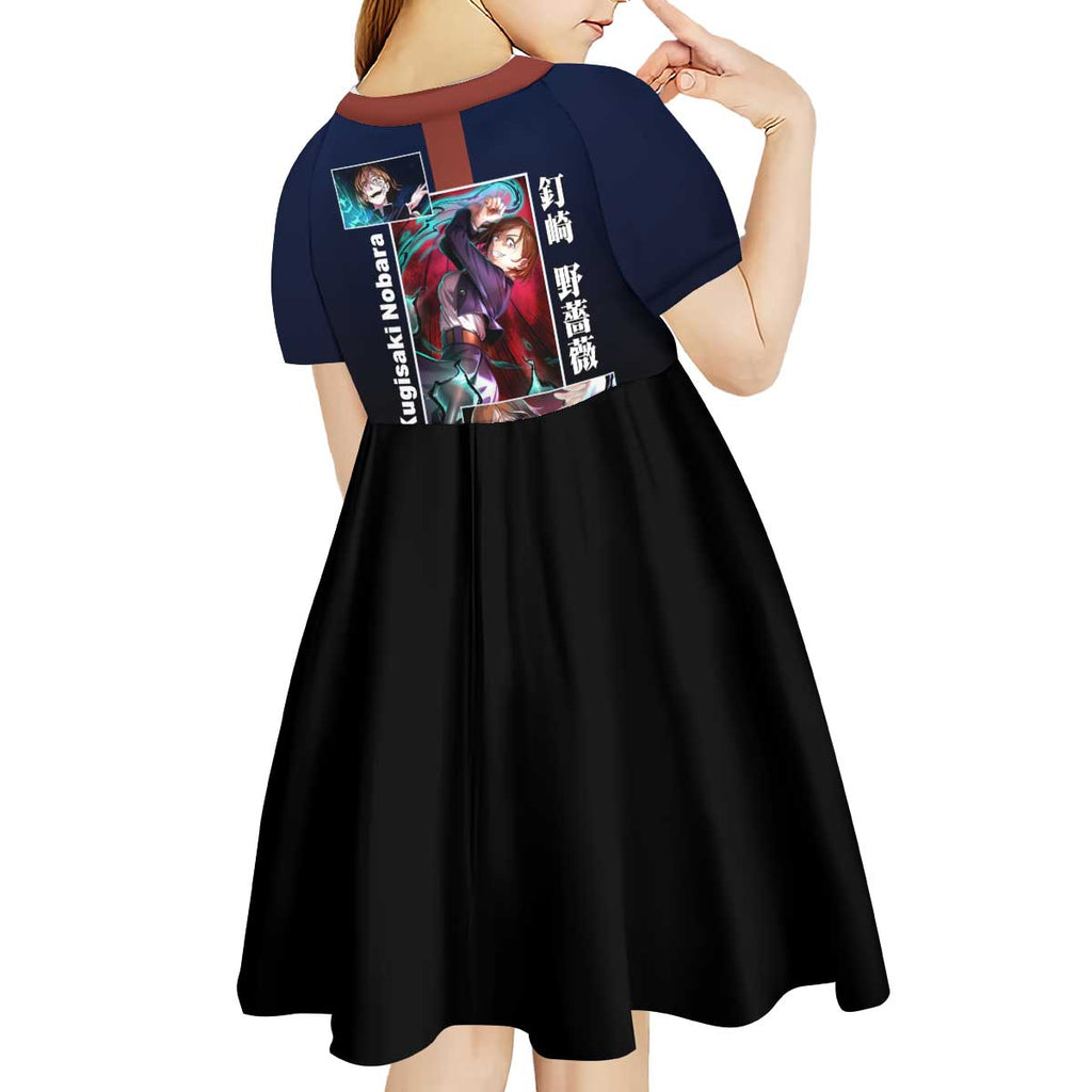 Nobara Kugisaki from Jujutsu Kaisen Kid Short Sleeve Dress with Dark Blue and Red Background and Multiple Poses Design - The Mazicc