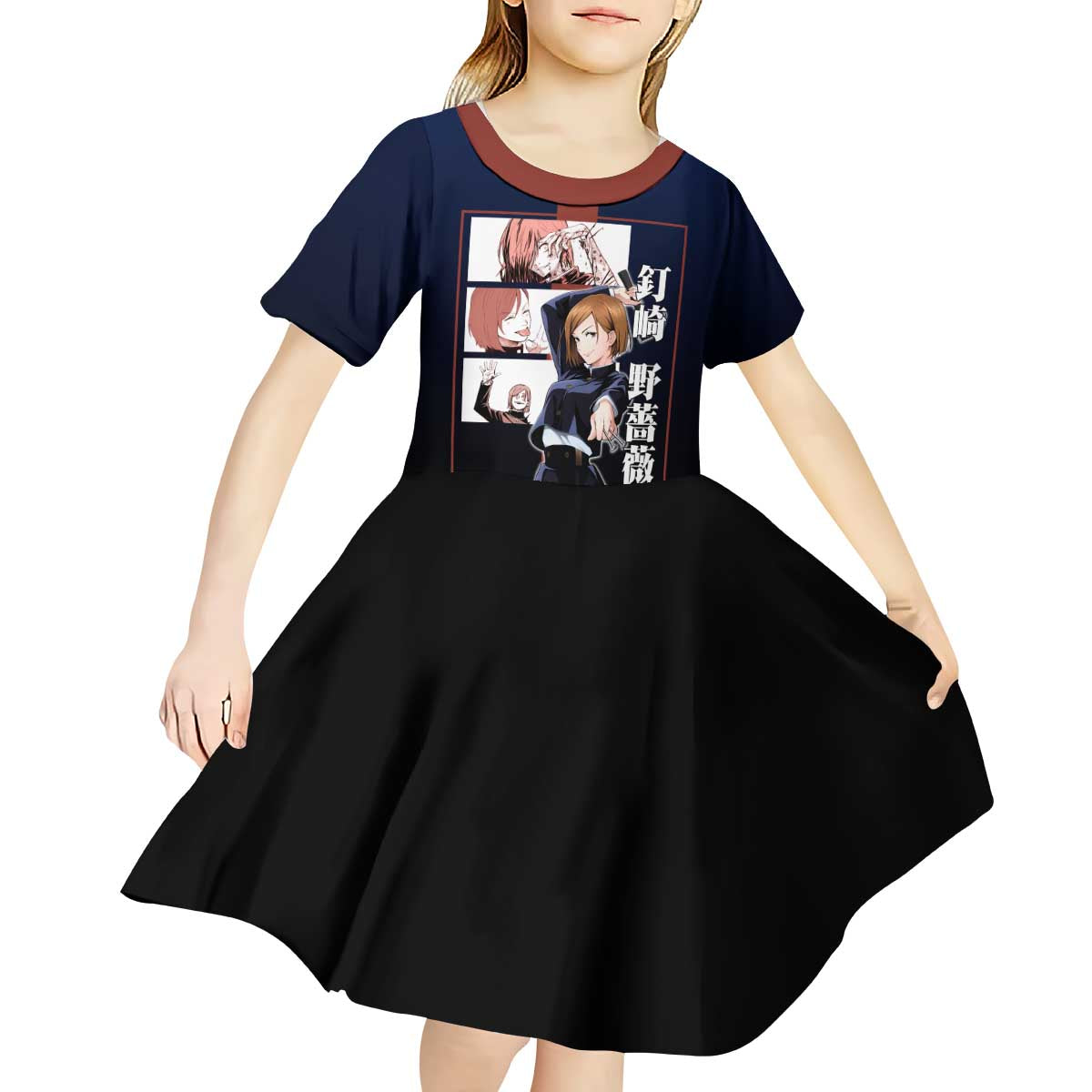 Nobara Kugisaki from Jujutsu Kaisen Kid Short Sleeve Dress with Dark Blue and Red Background and Multiple Poses Design - The Mazicc